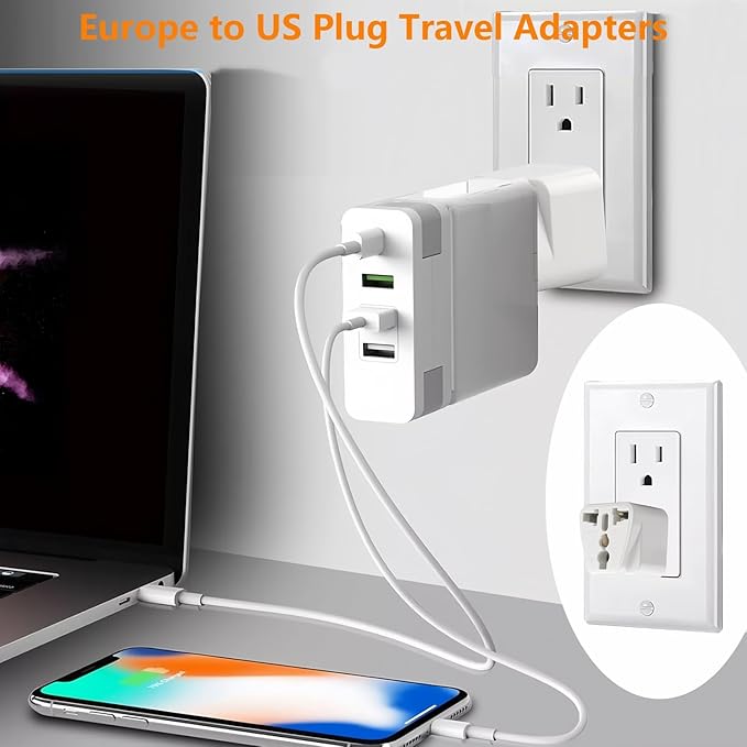 Universal Adapter, Europe to US Plug Travel Adapters, Universal Travel Adapter for USA,Portable and Easy to Use,White,6 Pack