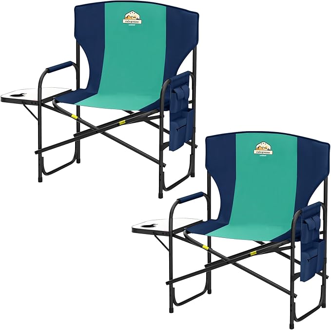 Colegence Oversized Directors Camping Chair Set of 2 Support 600 LBS, Heavy Duty Folding Outdoor Chairs with Detachable Side Pocket and Adjustable Side Table for Outside Beach,Lawn,Fishing,Dark Blue