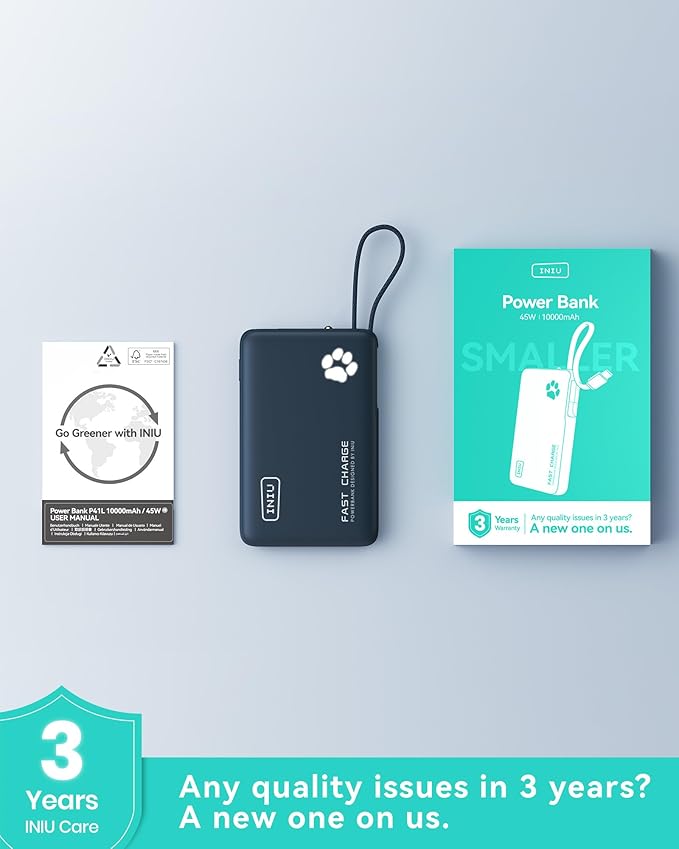 INIU Portable Charger, Slim 10000mAh Power Bank with Built-in USB-C, 45W Fast Charging Flight Travel Essentials, for College Students Men Women Girl Boy