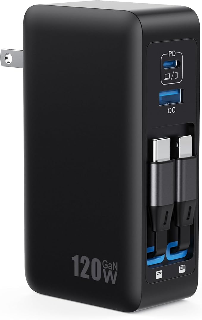 120W USB C Charger Block with 2 Built-in Retractable Cables,4-in-1 GaN IV Foldable Plug Wall Charger Fast Charging Station,PD 65W Laptop Adapter for MacBook/iPad,iPhone 16/15/14,Android (Black)