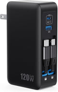 120W USB C Charger Block with 2 Built-in Retractable Cables,4-in-1 GaN IV Foldable Plug Wall Charger Fast Charging Station,PD 65W Laptop Adapter for MacBook/iPad,iPhone 16/15/14,Android (Black)