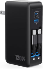 120W USB C Charger Block with 2 Built-in Retractable Cables,4-in-1 GaN IV Foldable Plug Wall Charger Fast Charging Station,PD 65W Laptop Adapter for MacBook/iPad,iPhone 16/15/14,Android (Black)