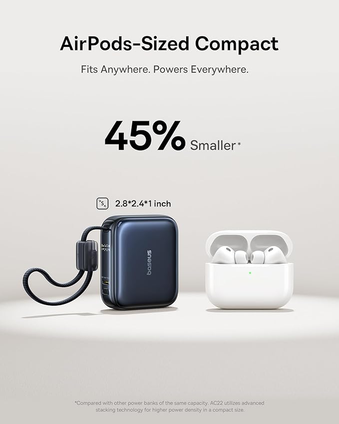 Baseus PicoGo 10000mAh 45W PD Portable Charger, Ultra-Small Battery Bank with Built-in USB-C Cable, Fast Charging for iPhone 17/16/15 Series, Samsung S25/S24, Pixel 10 and iPad Devices