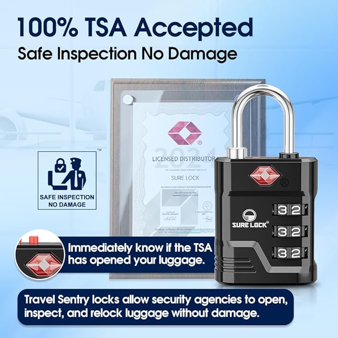 SURE LOCK TSA Approved Luggage Lock – 3-Digit Resettable Combination Padlock with Open Alert Red Dot, Large Easy-Read Dials for Suitcases, Backpacks, Gym & School Lockers (Black 2 pk)