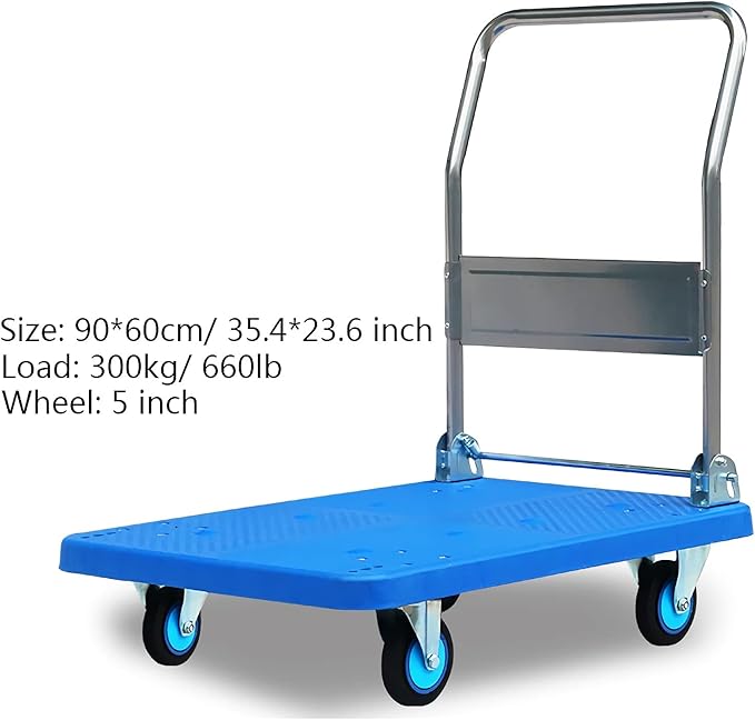 Heavy Duty Flatbed Hand Cart - Foldable Metal Handle Platform Truck with Mute Wheels for Easy Transport of Baggage Books & More - High Load Capacity (300 lbs)