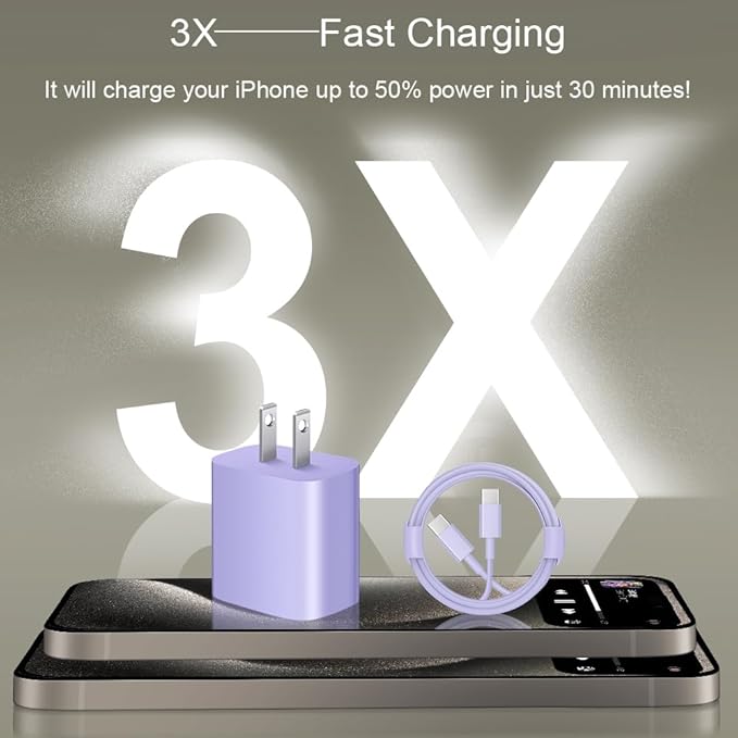 iPhone 17 16 15 Charger Fast Charging 3+3Pack 20W USB C Wall Charger with 10FT Fast Charging Cable Compatible with iPhone 17/17 Air/17 Pro/17 Pro Max/iPhone 16/15 Series, iPad Pro/AirPods -Purple