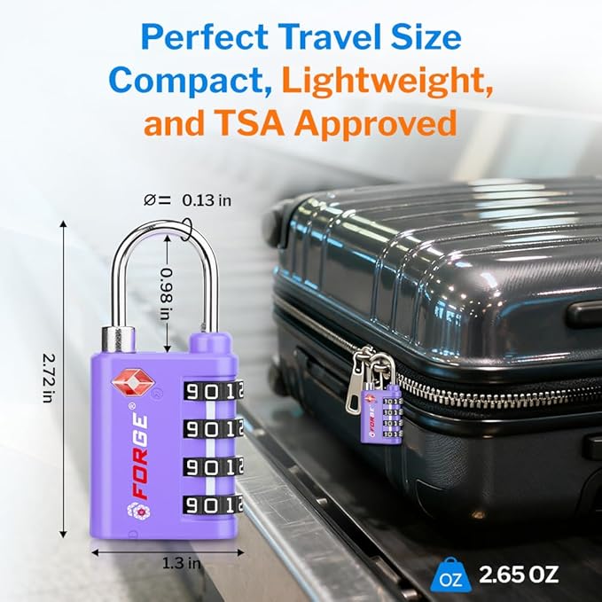 Forge Dual-Opening: Key or Combination Lock, TSA Approved Lock for Luggage, Pelican case, Travel, Gym, School, Luggage Combination Lock, Travel Bag Lock (Purple 2 Pk)