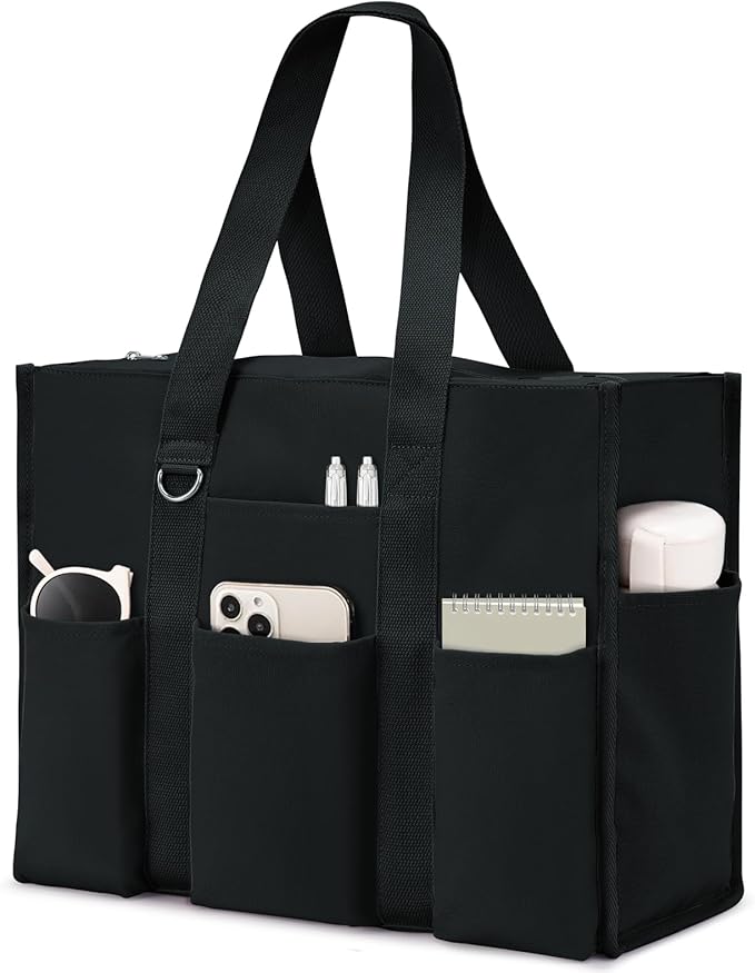 Becokan Large Tote Bag for Women Waterproof with 12 Pockets Top Zipper Closure Utility Teacher Nurse Bags for Work School