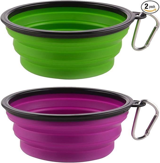 Large Collapsible Dog Bowls, 34oz Portable Foldable Travel Water Bowl Food Dishes with Carabiner Clip for Traveling, Hiking, Walking, 2 Pack (Purple+Green)