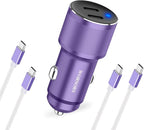 Purple Dual 45W USB C Car Charger, 90W Max Super Fast Charging, All Metal 12V Cigarette Lighter Adapter for iPhone 17 Pro Max/16/15/iPad, Samsung Galaxy S26/S25, Google Phone with 2 Type C Cable 3.3ft