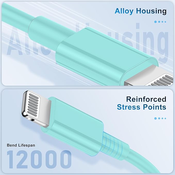 3 Pack Apple MFi Certified Charger Cable 6Ft, Lightning to USB Cable Cord 6 Foot, 2.4A Fast Charging,Apple Phone 6 Feet Long Chargers for iPhone 14/13/12/11/X/XS/XR/SE/8/7 Plus Pro Max Mini Light Blue