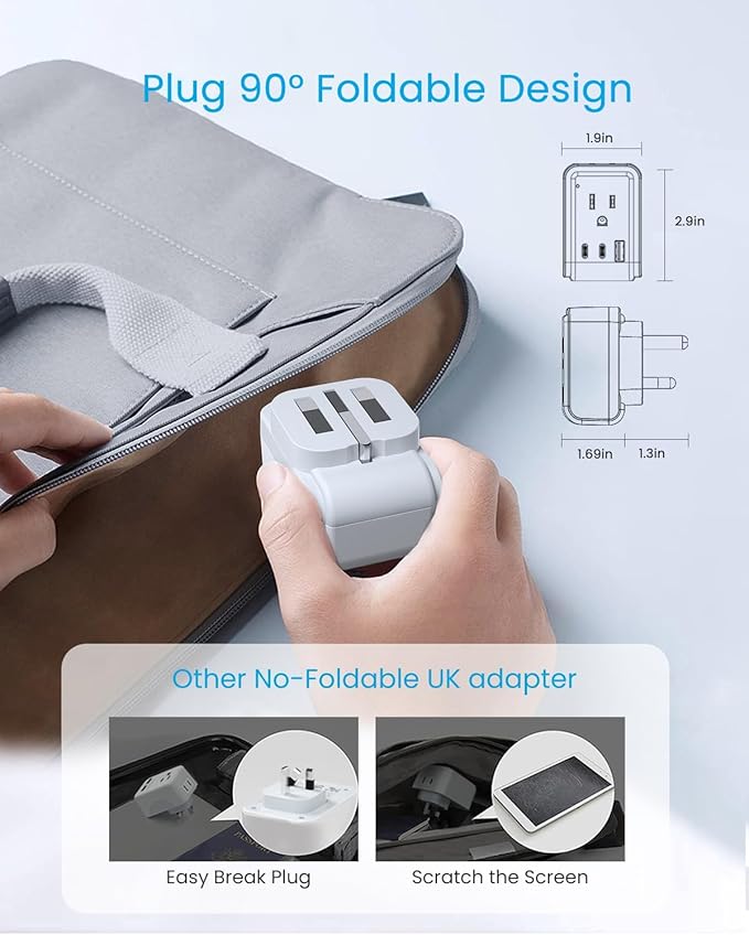 1 Pack UK Adapters for Travel, VINTAR Foldable Ireland Plug Adapter, Type G Pulg Adapter with 2 Outlets and 3 USB Ports(2 USB C), 5 in 1 UK Power Adapter for US to England London Scotland Hong Kong