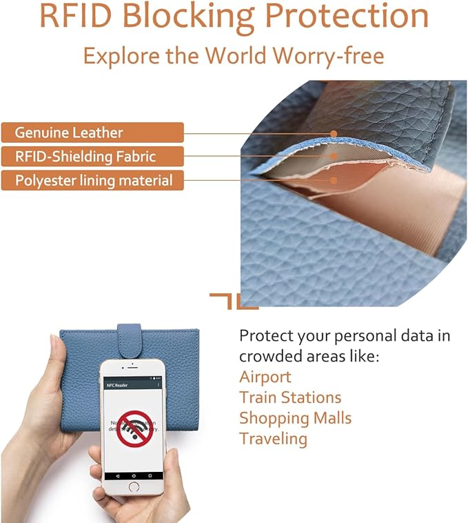Leather RFID Blocking Passport Holder for Travel Women – Multiple Slim Passport Wallet for Women with Card Slots, Zippered Coin Pocket & Travel Passport Cover Case Gift Ready– Denim Blue