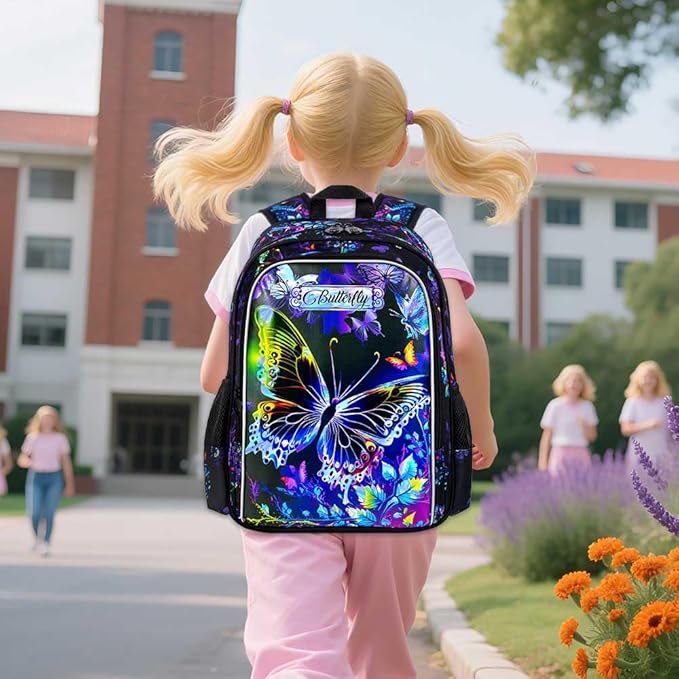 HPJGD 5PCS Girls Suitcase Set, Kids Water-Resistant Rolling Luggage, Cute Butterfly Travel Carry-On for Elementary/Preschool Toddler