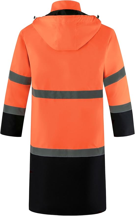 Ubon Men's Hi Vis Long Raincoat Waterproof Reflective Safety Rain Jacket High Visibility with Detachable Hood