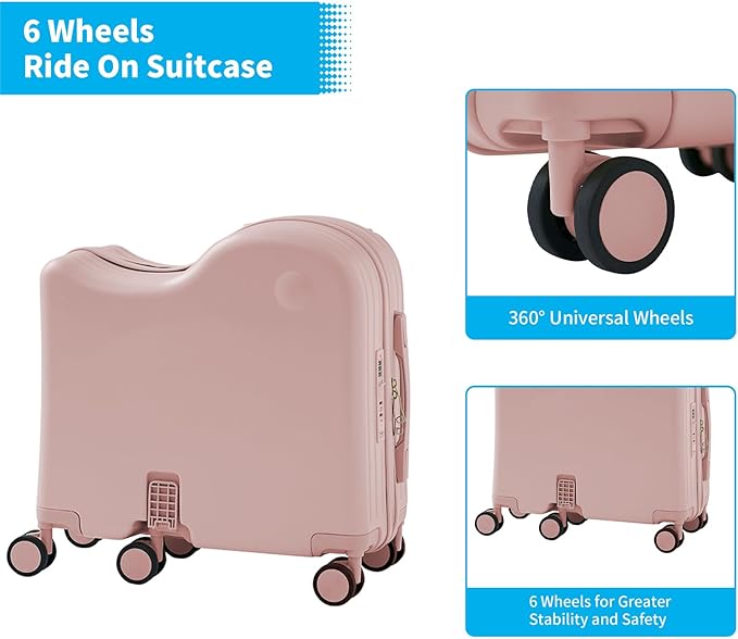 TABU Ride-on Luggage with Portable Bag for Kids，Hardshell Carry On Suitcase with Hidden Cup Holder, Foldable Pedal,Type-C & USB Interface, TSA Lock, 6-Spinner Wheels, Pink