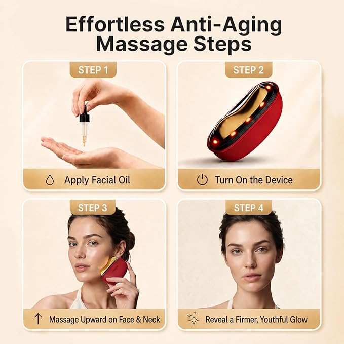 ZDEER LED Red Light Therapy for Face & Neck Massager Facial Care Device – Electric Gua Sha Brass Tool with Heat & Vibration for Firming, Sculpting & Skincare, Red