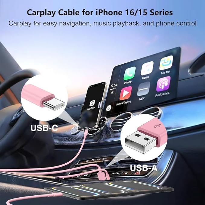 USB C Car Charger for iPhone 17 16 15 Pro Max, 40W Dual Port USB-C & USB-A Car Fast Charging Adapter, 2X3FT C to C Cable & A to C Carplay Cable for iPhone 17 16 15 Series/iPhone Air,iPad,Samsung-Pink