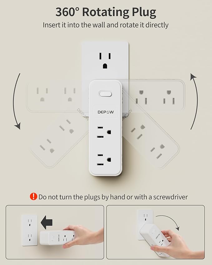 DEPOW Outlet Extender with 360° Rotating Plug, 6 AC Outlet Splitter (1875W/15A), Multi Plug Wall Outlet with Power Switch, White Outlet Adapter for Home Office Cruise Ship Travel Essential