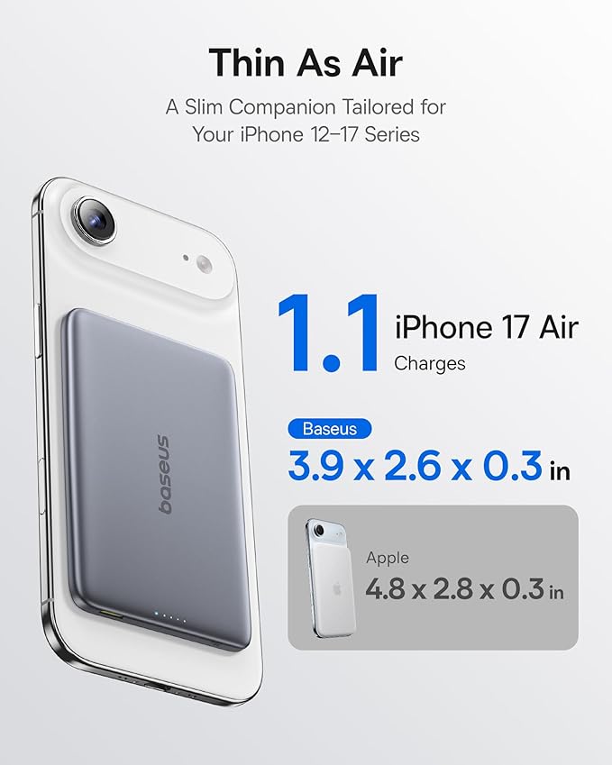 Baseus Picogo Power Bank, 0.3" Ultra Slim 5000mAh MagSafe Portable Charger, Card-Size Magnetic Battery Pack with USB-C Braided Cable, Alloy Wireless Charger for iPhone 17 Pro Max/17 Air/16/15/14/13/12