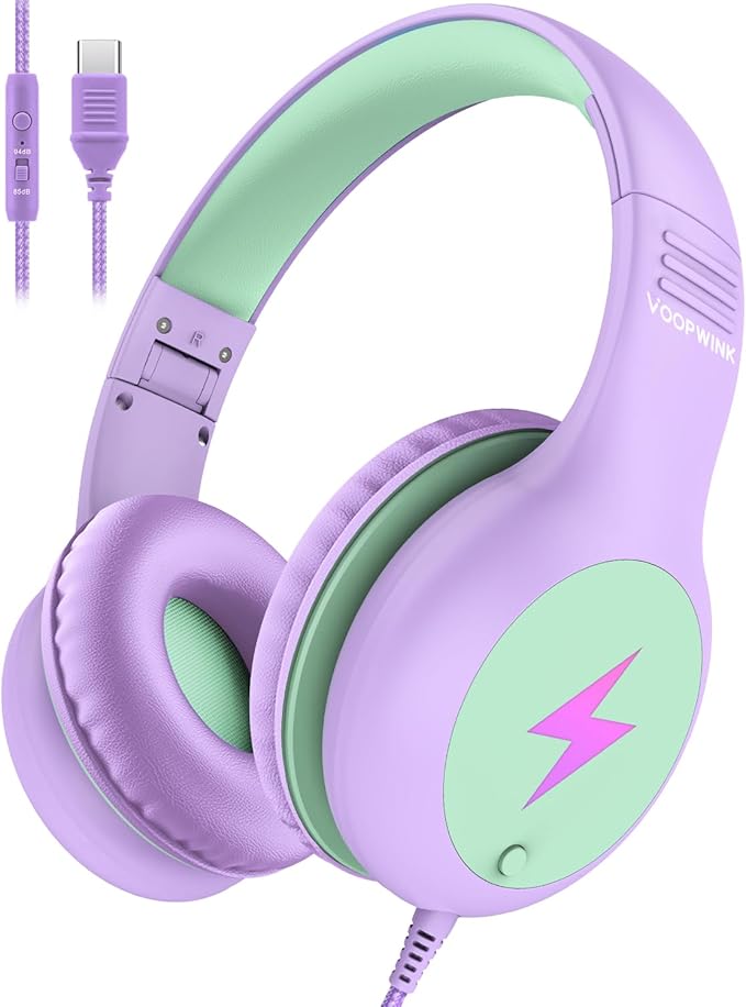 Voopwink Kids Headphones Wired with Microphone, USB Type C Headphones for Kids Girls Boys with Cord/LED Lights/85/94dB Volume Limit, Portable Over Ear Headphones for School/Travel/Tablet/iPad
