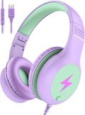 Voopwink Kids Headphones Wired with Microphone, USB Type C Headphones for Kids Girls Boys with Cord/LED Lights/85/94dB Volume Limit, Portable Over Ear Headphones for School/Travel/Tablet/iPad