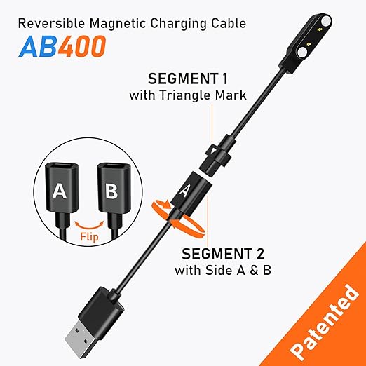 Audiovance 2-Pack AB400 Reversible Smartwatch Charger – Innovative Magnetic Charging Cable, Solves Polarity Mismatch, Universal for All 4.0mm-Pin-Pitch Smart Watches