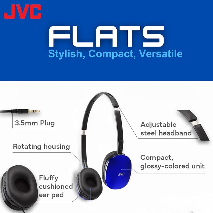 JVC Flats On-Ear Wired Headphones - Flat Foldable Design - 30mm Driver for Powerful Sound - Soft Ear-Pads for Comfort – Steel Headband - Lightweight & Portable - PC/Laptop/Gaming - 3.5mm Slim Plug