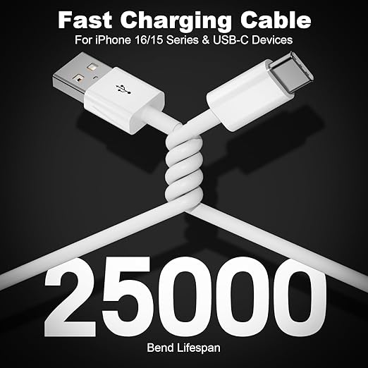 2Pack USB A to USB C Cable for iPhone 15/16/17 All Series, Type-C Car Charger 3A Fast Charging & 480Mbps Speed for iPad, Samsung Galaxy, Tablets, Laptops (White-3FT)