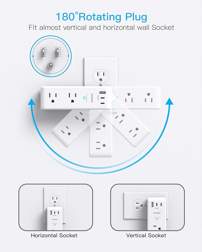 Surge Protector Outlet Extender with Rotating Plug, 6 AC Multi Plug Outlet with 3 USB Ports (2 USB C), 1800 Joules, 3-Sided Swivel Power Strip with Spaced Outlet Splitter for Home, Office, Dorm, White