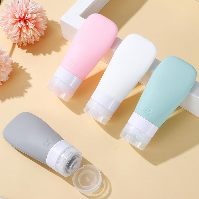 4 Pcs 60ml Travel Squeeze Bottles for Toiletries, Refillable Pvc Sample Bottles with Caps, Leakproof Dispenser Containers for Shampoo, Lotion, and Liquid Packing