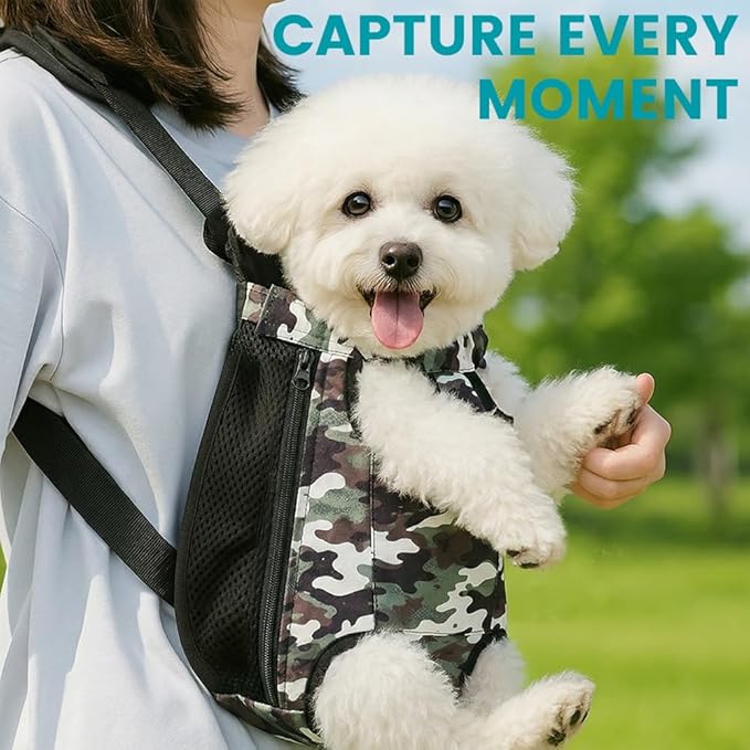 Dog Backpack Carrier, Front Pocket for Essentials, Pet Sling Front Backpacks for Small Medium Dogs 7-11 Lbs, Legs Out, Adjustable Wearable Puppy Chest Travel Bag, Easy-Fit for Hiking/Walking/Camping