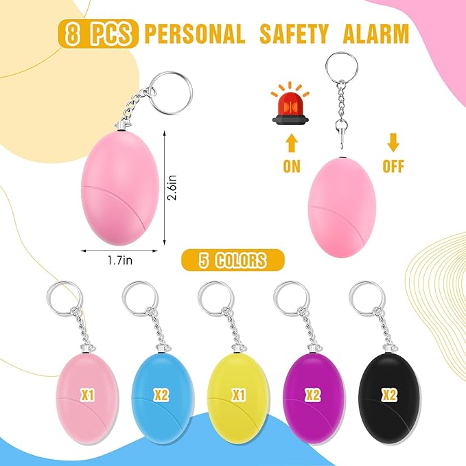 Tellegloww 8 Pcs Personal Safety Alarm for Women 120db Loud Sound Personal Siren Self Defense Keychain for Women Elderly Joggers Night Workers