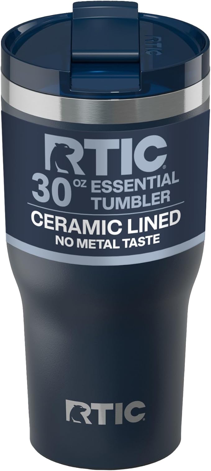 RTIC 30oz Essential Tumbler with Lid, Ceramic Lined, Insulated, Stainless Steel, Metal, Double Wall Vacuum-Insulation, Travel Cup for Iced Coffee, Tea, Hot and Cold Drink, Navy