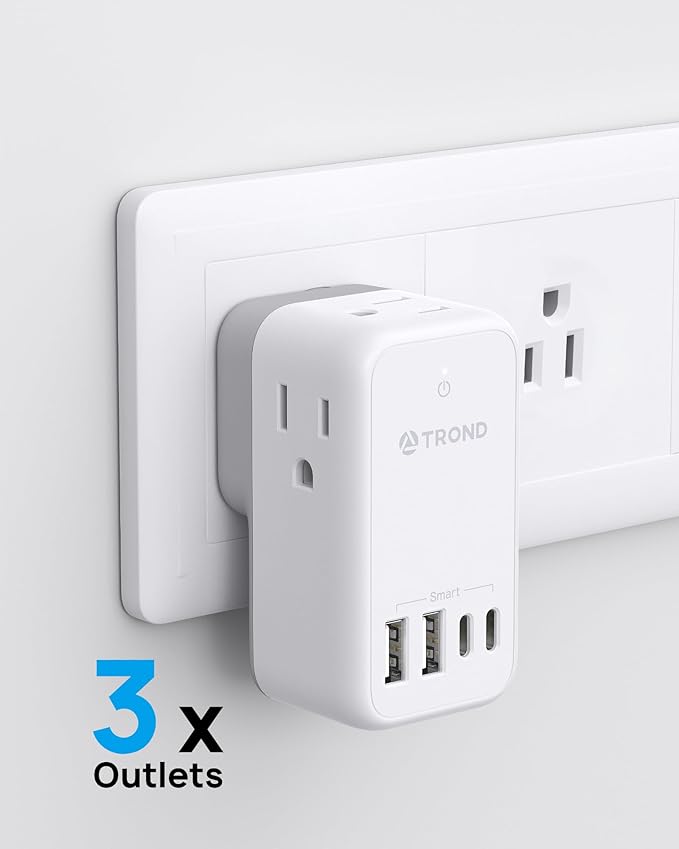 TROND Multi Plug Wall Outlet - Outlet Extender with 360° Rotating Plug, 3 AC Outlet Splitter with 4 USB Ports(2 USB C), 3-Sided Wall Outlet Expander, Small Plug Adapter for Home Cruise Essentials