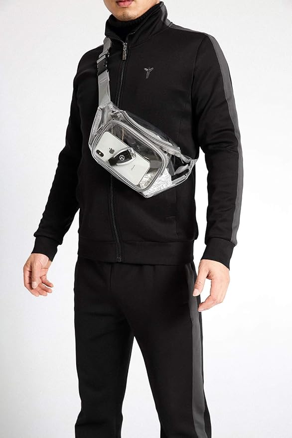 Veckle Clear Fanny Pack Stadium Approved - Adjustable 33-47 Inch Strap, Transparent Belt Bag for Women Men Fits 7.5-inch Smartphone, Waist Bag Clear Bag for Stadium Events, Sport, Concerts, Grey