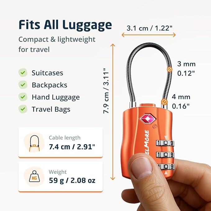 2 Pack TSA Approved Travel Combination Cable Luggage Locks for Suitcases & Backpacks - Orange