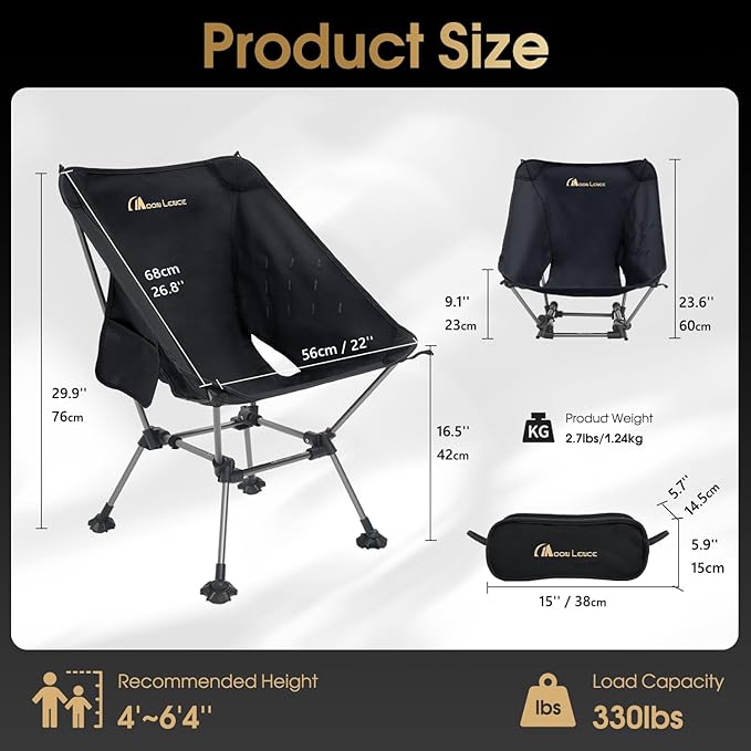 MOON LENCE High Back Folding Camping Chairs, Height-Adjustable, Widened Seat, for Beach with Anti-Sinking Feet (Black-Plus)