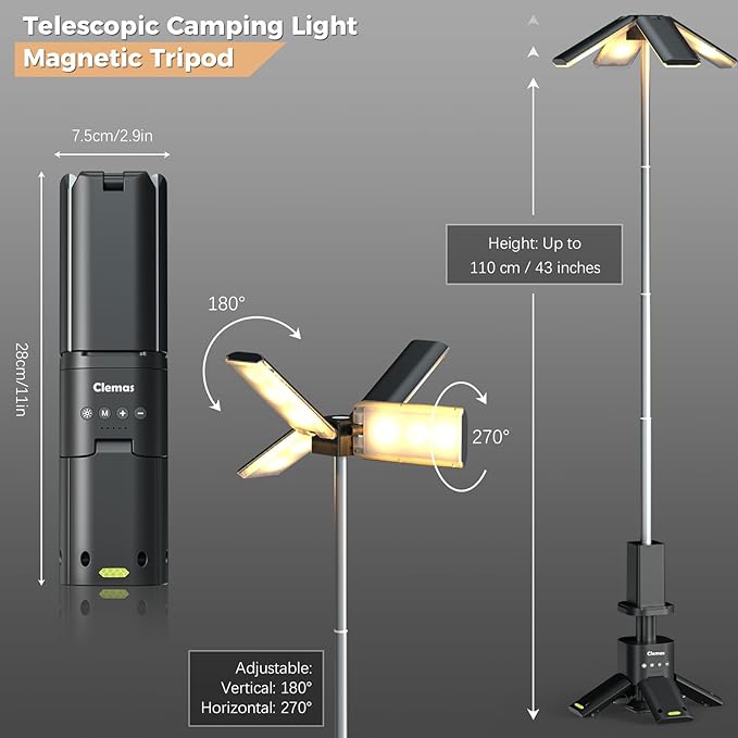 Clemas Telescopic Camping Lights Rechargeable 14000 mAh Led Multifunction Magnetic Lanterns Job Site Lighting Cordless Dimmable Camping Tent Lamp Portable Power Supply 6000LM IPX5 Waterproof