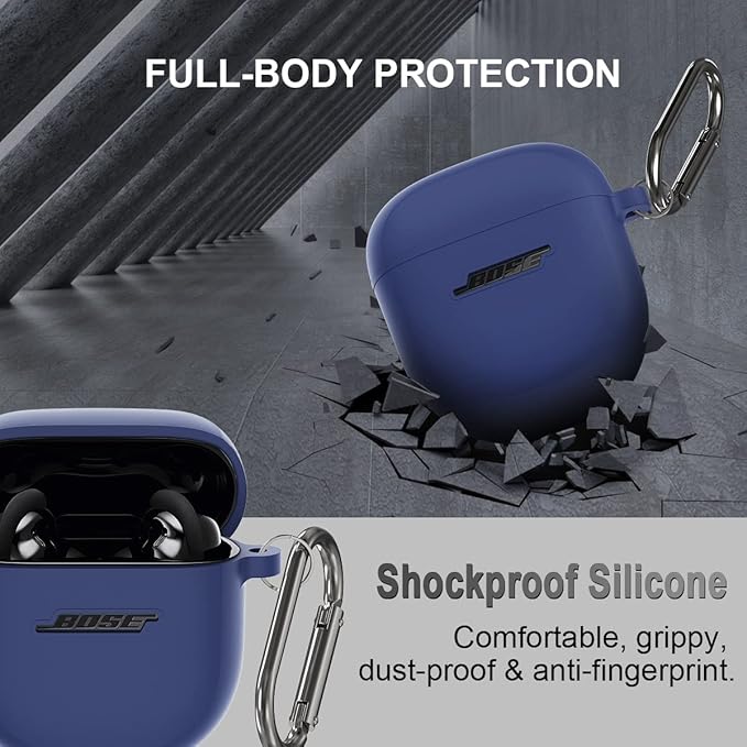 Silicone Case for Bose QuietComfort Earbuds II (2022) & QuietComfort Ultra (2023), Shockproof Protective Cover With Keychain for Men Women (Blue)