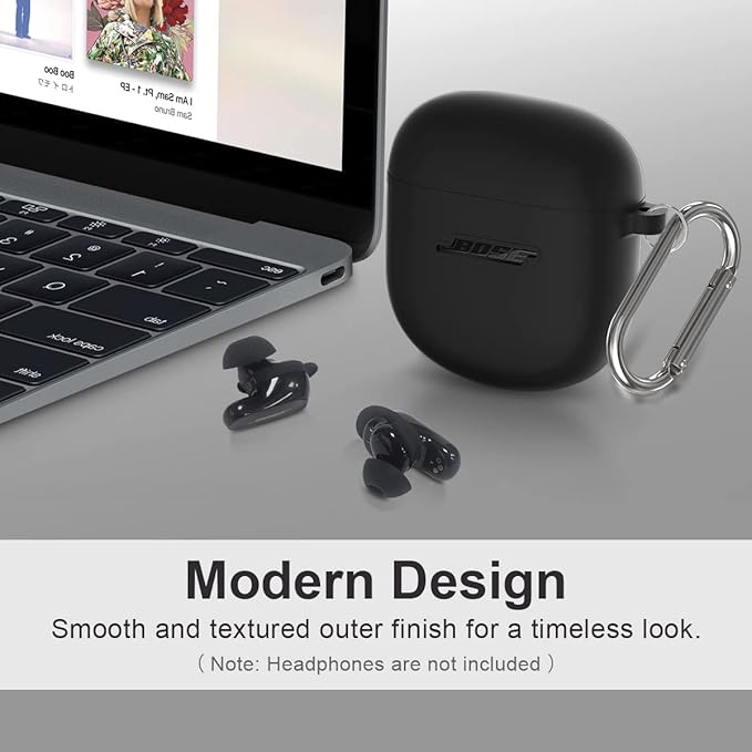 Silicone Case for Bose QuietComfort Earbuds II (2022) & QuietComfort Ultra Case (2023), Shockproof Protective Cover for Bose Earbuds Accessories with Keychain for Men Women (Black)