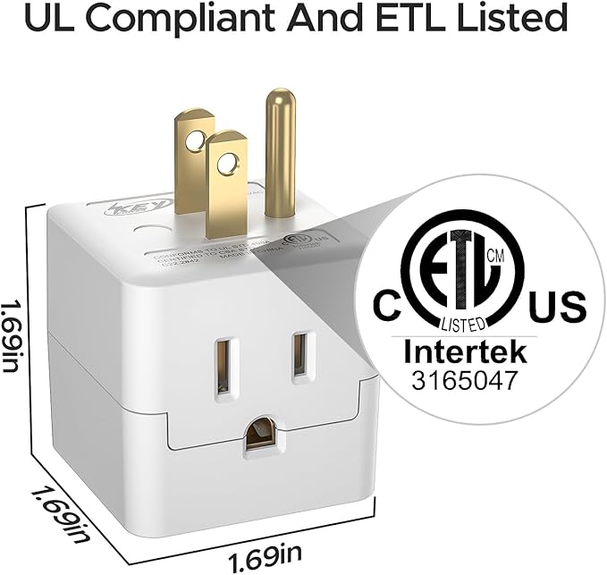 [ETL Listed] 3-Pack 3 Outlet Wall Adapter, Grounded 3-Prong Cube Tap Outlet Power Splitter, Compact 3-Way Plug Adapter for Home, Office or Travel.