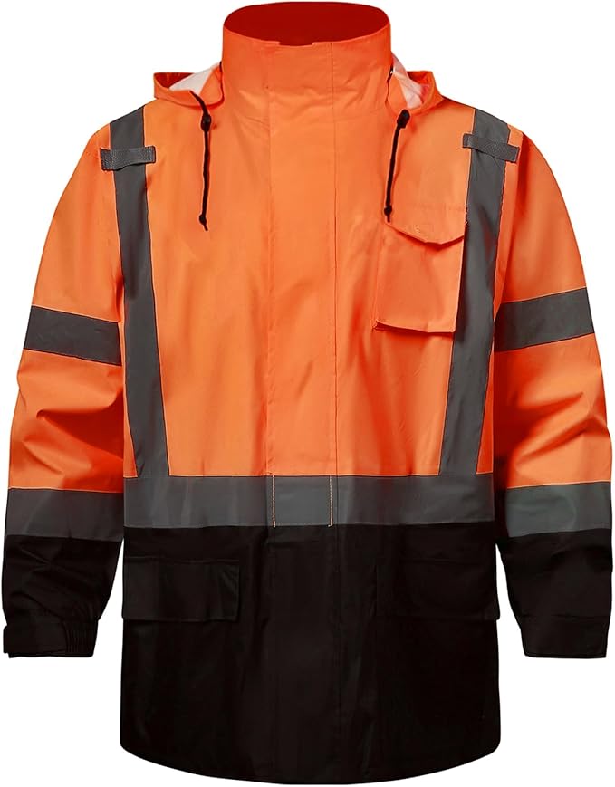 SKSAFETY Hi Vis Safety Rain Jacket for Men, Construction Work Rain Gear Heavy Duty Class 3 Rain Coat Waterproof Lightweight