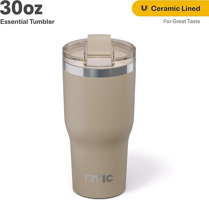RTIC 30oz Essential Tumbler with Lid, Ceramic Lined, Insulated, Stainless Steel, Metal, Double Wall Vacuum-Insulation, Travel Cup for Iced Coffee, Tea, Hot and Cold Drink, Beach