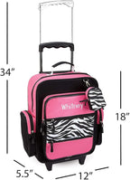 Lillian Vernon Personalized Rolling Luggage for Kids, 5-Pocket Hot Pink & Zebra Print Design Suitcase Set With Clip-On Pouch, Customizable Girls Travel Carrier on Wheels, 5.5" W x 12" L x 18" H