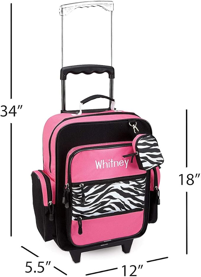 Lillian Vernon Personalized Rolling Luggage for Kids, 5-Pocket Hot Pink & Zebra Print Design Suitcase Set With Clip-On Pouch, Customizable Girls Travel Carrier on Wheels, 5.5" W x 12" L x 18" H
