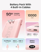 Portable Charger Built-in Cables and Wall Plug, 10000mAh Slim USB C Power Bank, LED Display External Battery Pack Compatible with iPhone/Android & More (Pink)