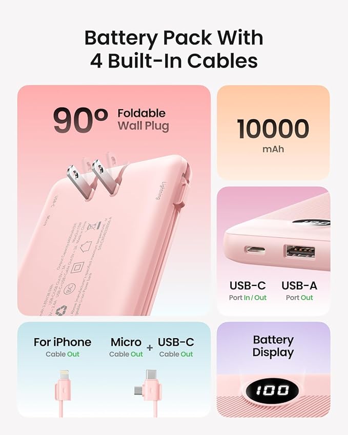 Portable Charger Built-in Cables and Wall Plug, 10000mAh Slim USB C Power Bank, LED Display External Battery Pack Compatible with iPhone/Android & More (Pink)