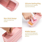 Rarapop Pink Stackable Bento Box Japanese Lunch Box Kit with Spoon & Fork, 3-In-1 Compartment Wheat Straw Meal Prep Containers for Kids & Adults