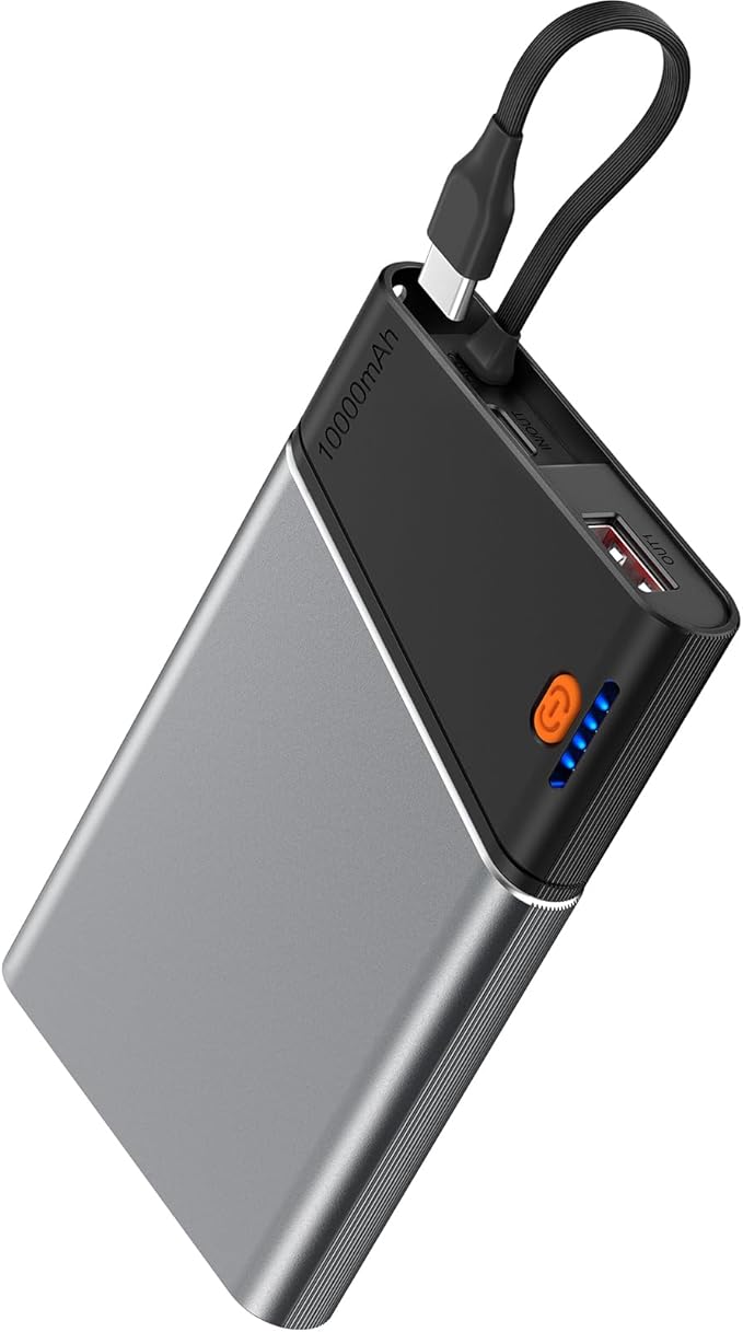 Aaoyun Portable Charger Power Bank, 10000mAh 22.5W PD Fast Charging Powerbank with Built-in USB C Cable, Slim External Phone Battery Pack for iPhone 17/16/15 Samsung S24 Android etc (Grey)